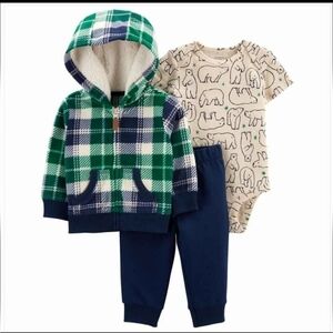NWT Carter's 3 Pc Green Plaid Fleece Hoodie, Polar Bear Bodysuit Pants Set ~3M